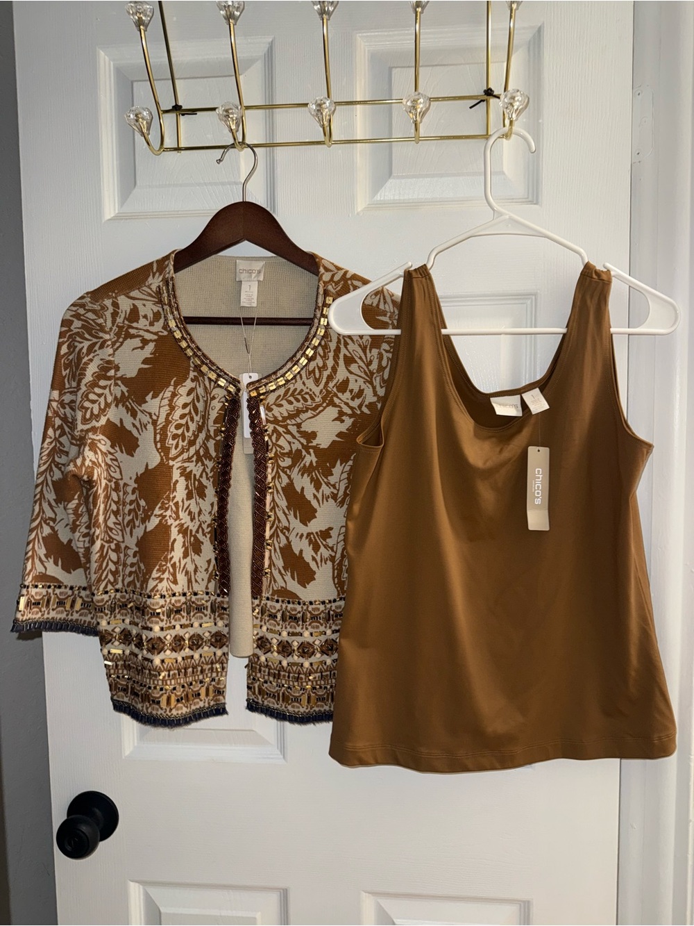 NWT Chico's Women's Brown Tank Top and beaded Patterned Cardigan Set